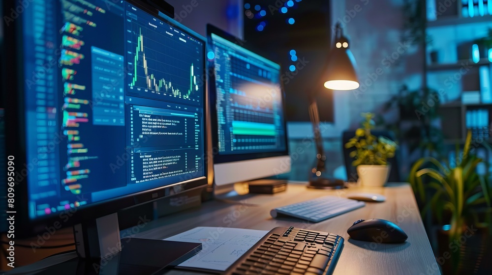 computer screens with some data on a desk with a lamp computer screens with some data on a desk with a lamp