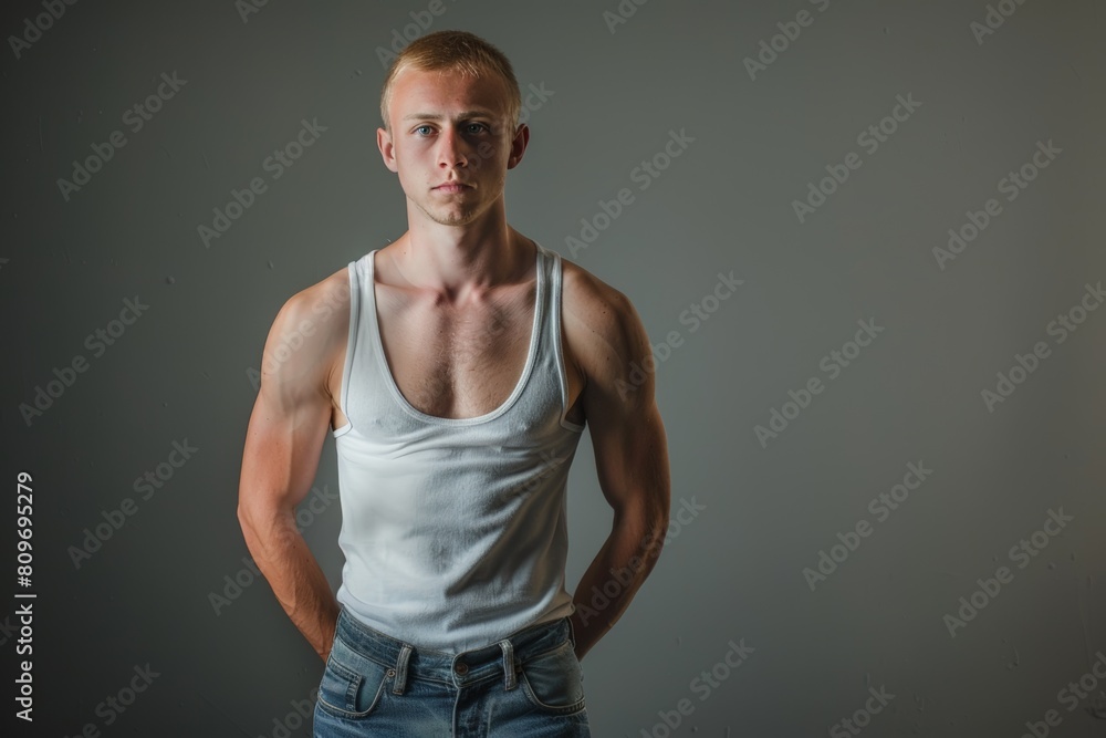 Blond Man in White Tank Top. Generative AI. Blond Man in White Tank Top. Generative AI.