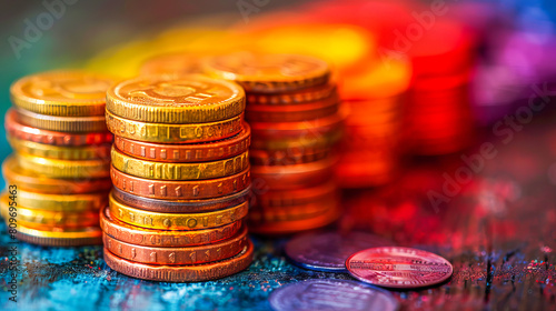 Colorful wealth, stacks of coins on vibrant background