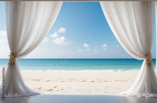 white curtain with beach background  wedding design concept