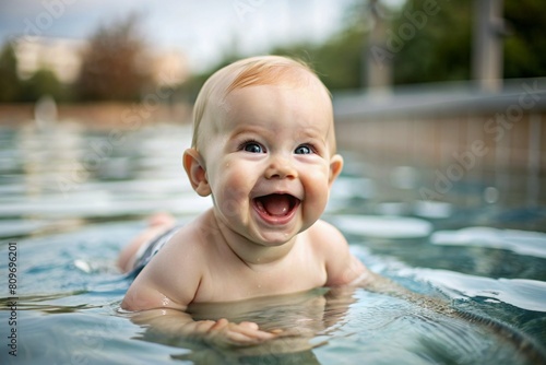 Infant swimming. A baby swims in the pool with a trainer. A happy and smiling baby. The trainer's hands are holding the baby. Early development classes for infants. © Юлия Клюева