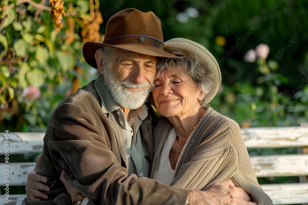Elderly Couple Embracing on Bench Elderly Couple Embracing on Bench