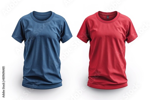 Front view of shirt design template and mock-up of blue and red t-shirt that is ready to print, Generative AI.
