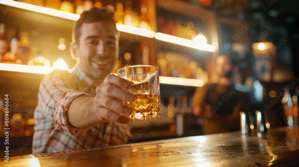 Young man holding glass of whiskey at bar counter with bartender in background in nightclub