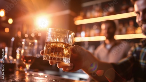 Young man holding glass of whiskey at bar counter with bartender in background in nightclub