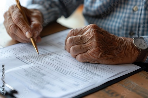 older man is seen writing on a piece of paper, reviewing a pension transfer form photo