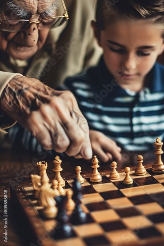 Elderly Man Playing Chess With Young Boy