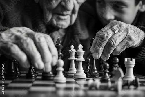 Elderly Man Playing Chess With Young Boy