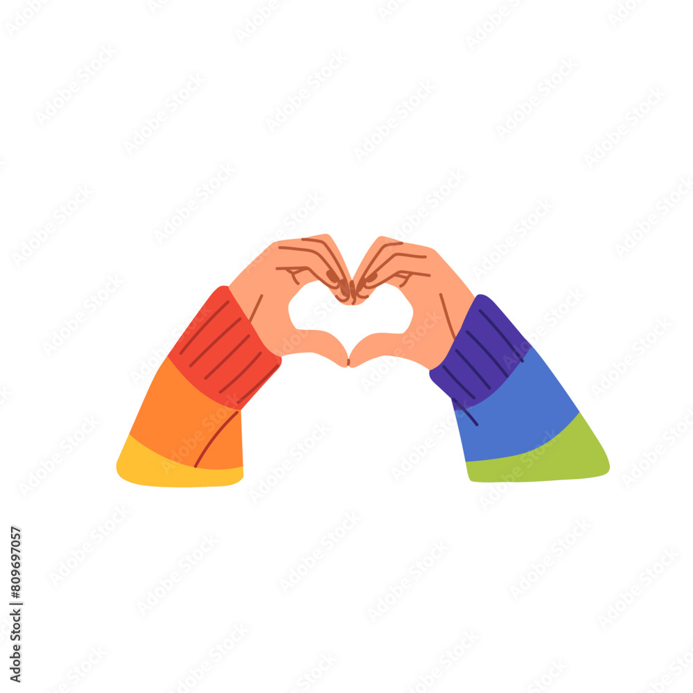 Hand gesture of love. Person shows shape of heart from fingers. Symbol of LGBT solidarity. Romantic feelings sign with rainbow patterned clothes. Flat isolated vector illustration on white background Hand gesture of love. Person shows shape of heart from fingers. Symbol of LGBT solidarity. Romantic feelings sign with rainbow patterned clothes. Flat isolated vector illustration on white background