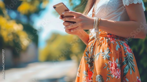 Wallpaper Mural Focus on female hands using smartphone on summer theme Torontodigital.ca