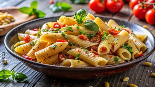 pasta penne dish with cherry tomatoes and basil-