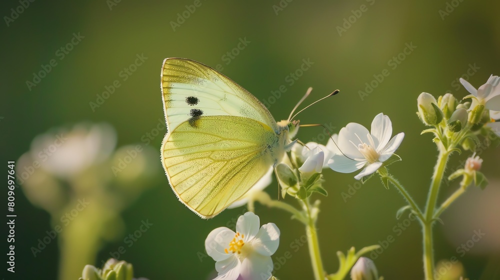 A beautiful butterfly with delicate white wings and a touch of yellow near its body. It is perched on a stem with small white flowers. A beautiful butterfly with delicate white wings and a touch of yellow near its body. It is perched on a stem with small white flowers.