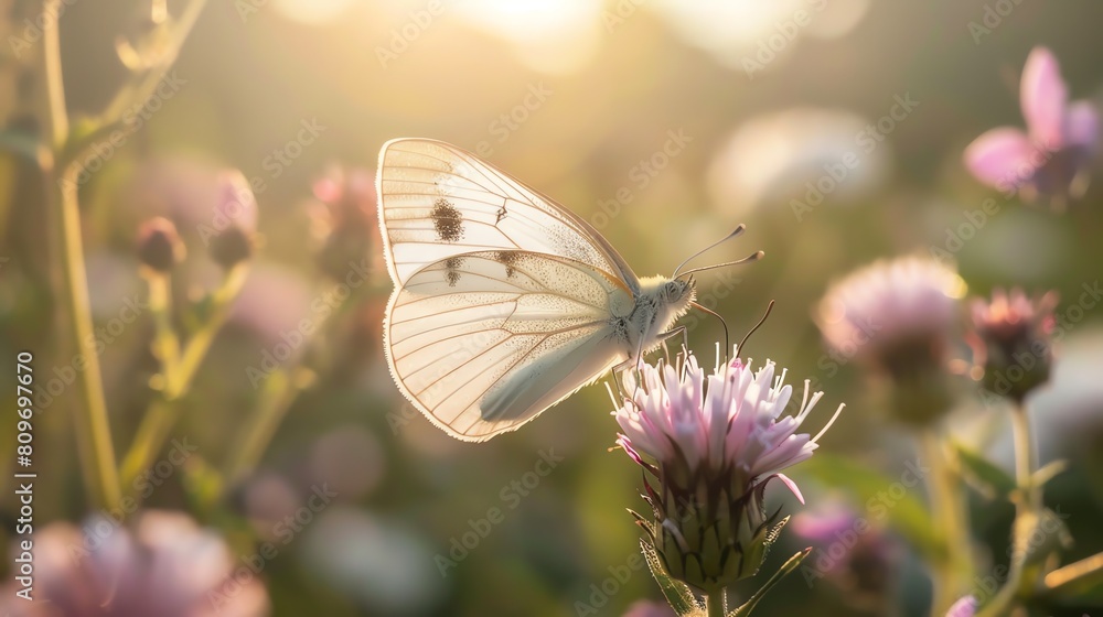 Naklejka premium A beautiful white butterfly perched on a thistle flower in a field of wildflowers.