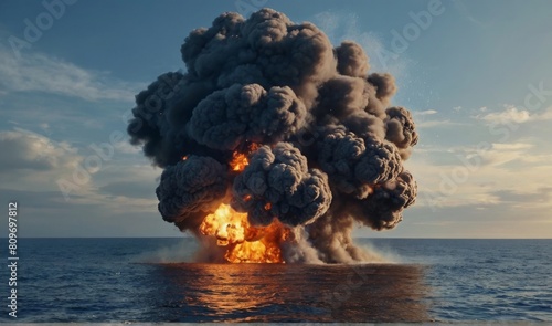 Bomb explosion in sea Fire and smoke on water. explosion bomb in ocean © Xabi