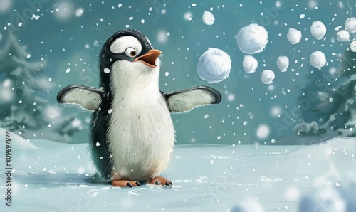 Penguin playing with snowballs photo