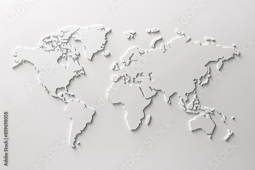Silver metallic world map cutout on a gray background