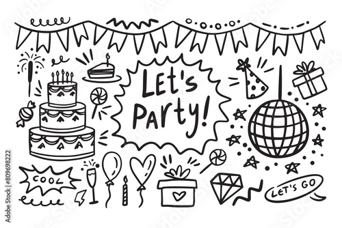 Doodle party elements Hand drawn set. Sketch icons for invitation, flyer, poster