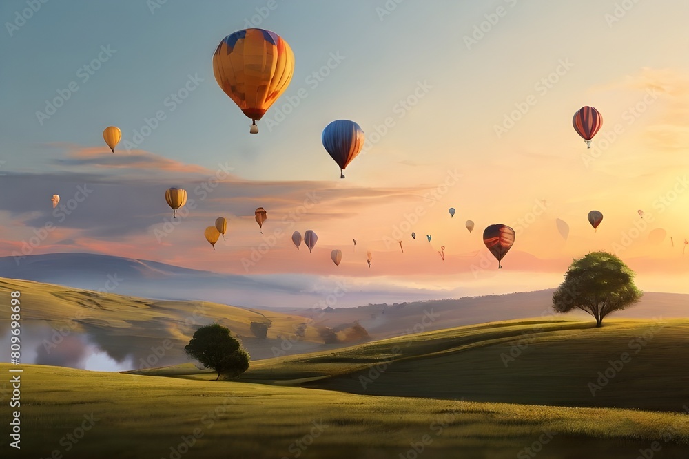 Naklejka premium A playful scene of balloons floating over a peaceful countryside landscape at sunset