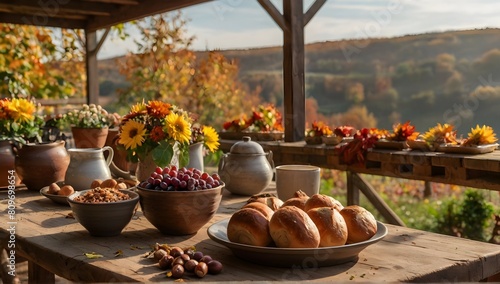 View to a rustic terrace filled with pots with autumn flowers and a vine full of red leaves and bunches of grapes. In the foreground a wooden table with a copious breakfast, coffee, bowls, vases and p