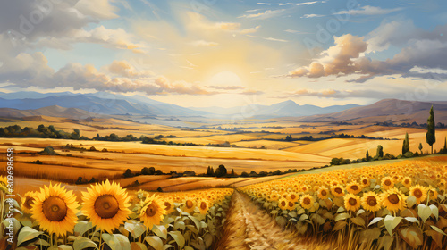 Sunflower Fields in Tuscany: fields of sunflowers in Tuscany, Italy, stretch under the Tuscan sun, their golden faces turning towards the light in a breathtaking display, watercolor illustration.