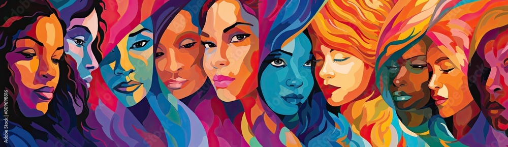 Unity in Diversity: Artistic Representation of Women with Different Colored Faces Coming Together Unity in Diversity: Artistic Representation of Women with Different Colored Faces Coming Together