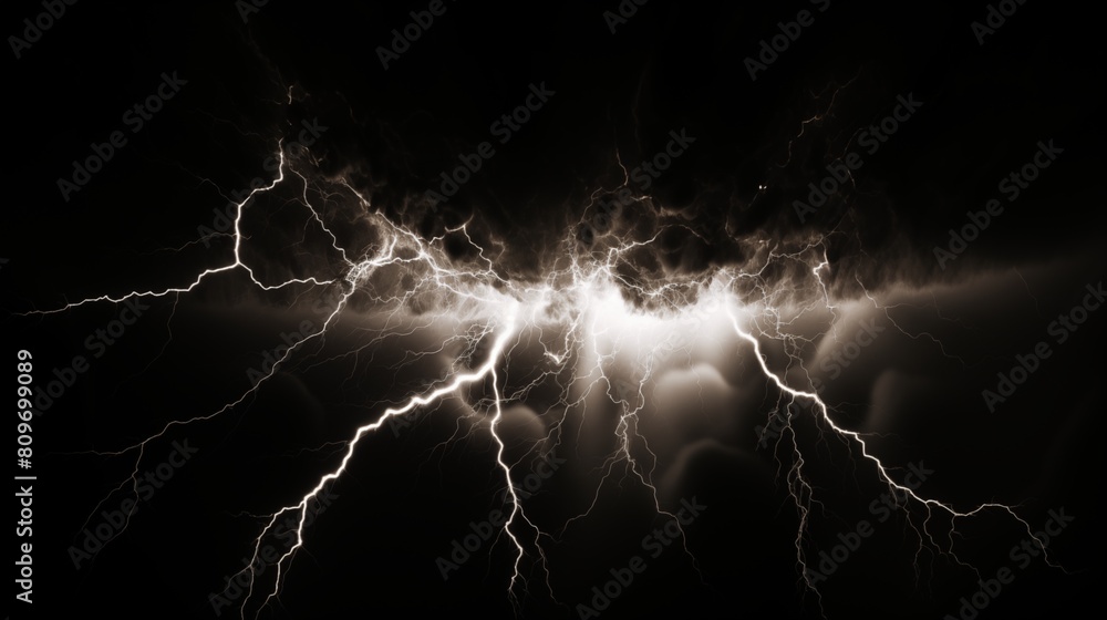 Dramatic display of powerful lightning bolts radiating in the night sky Dramatic display of powerful lightning bolts radiating in the night sky