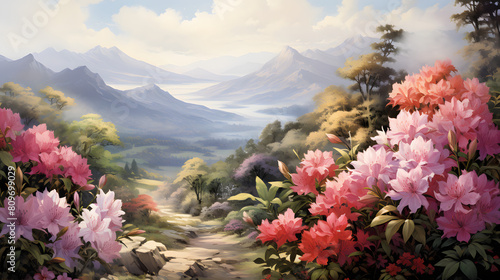 Rhododendron Gardens: Rhododendron gardens in the mountains display a breathtaking array of blooms, creating a colorful spectacle against the backdrop of lush greenery, watercolour illustration photo