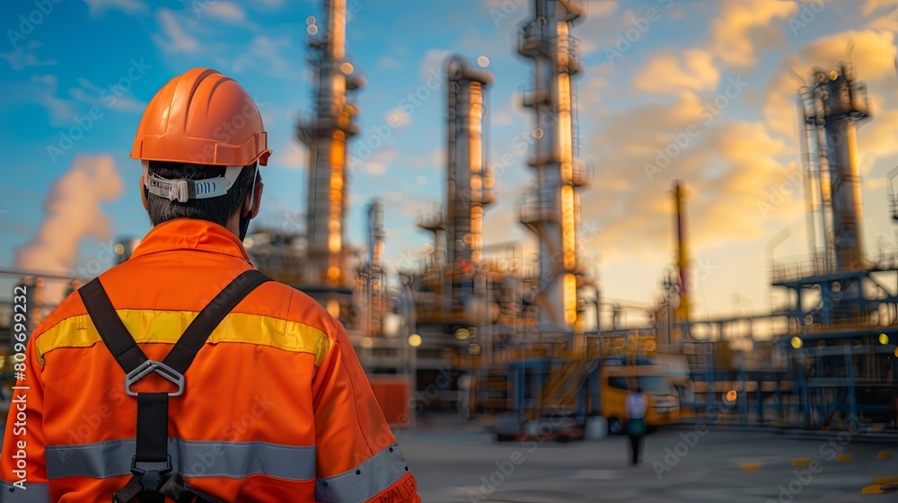 A worker in safety attire gazes at their workplace in an oil and gas industrial area. A worker in safety attire gazes at their workplace in an oil and gas industrial area.
