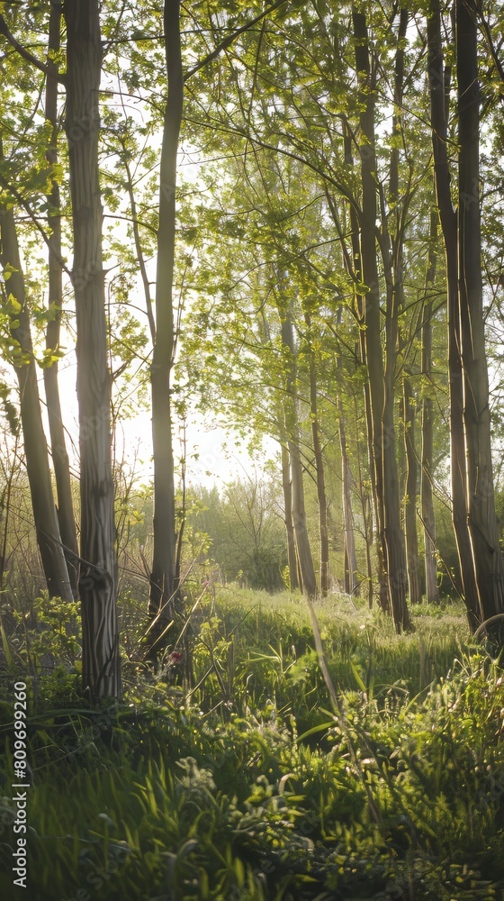 Obraz premium Ethereal poplar woodlands echoing with birdsong