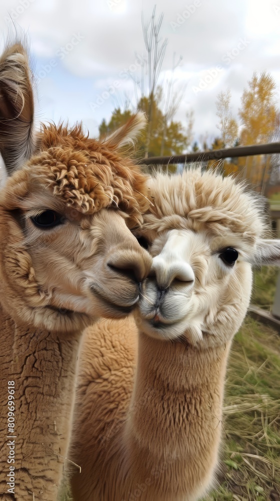 Obraz premium Friendly baby alpacas nuzzling up to visitors at the farm, their soft fleece irresistible