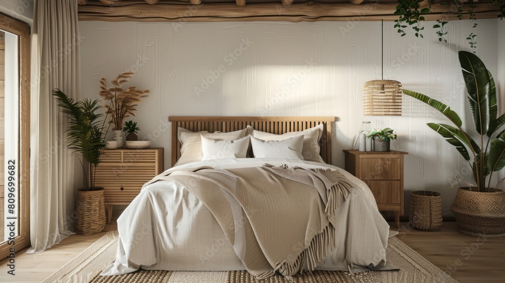 Adjacent to the bed adorned with a beige blanket, a wooden bedside cabinet adds rustic charm to the modern bedroom, featuring farmhouse interior design highlighted by a lined wall and beamed ceiling. Adjacent to the bed adorned with a beige blanket, a wooden bedside cabinet adds rustic charm to the modern bedroom, featuring farmhouse interior design highlighted by a lined wall and beamed ceiling.