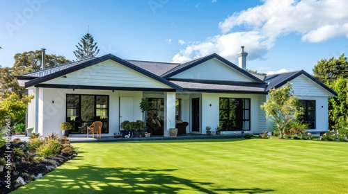 A white family house boasts a striking contrast with its black pitched roof tiles, complemented by a beautiful front yard featuring lush green lawn.