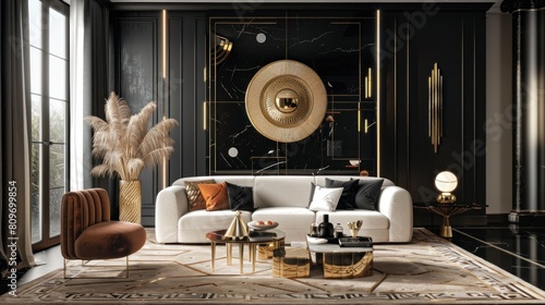 Crafted with an Art Deco flair, the modern living room showcases a black wall adorned with golden decor pieces. © Sompoch