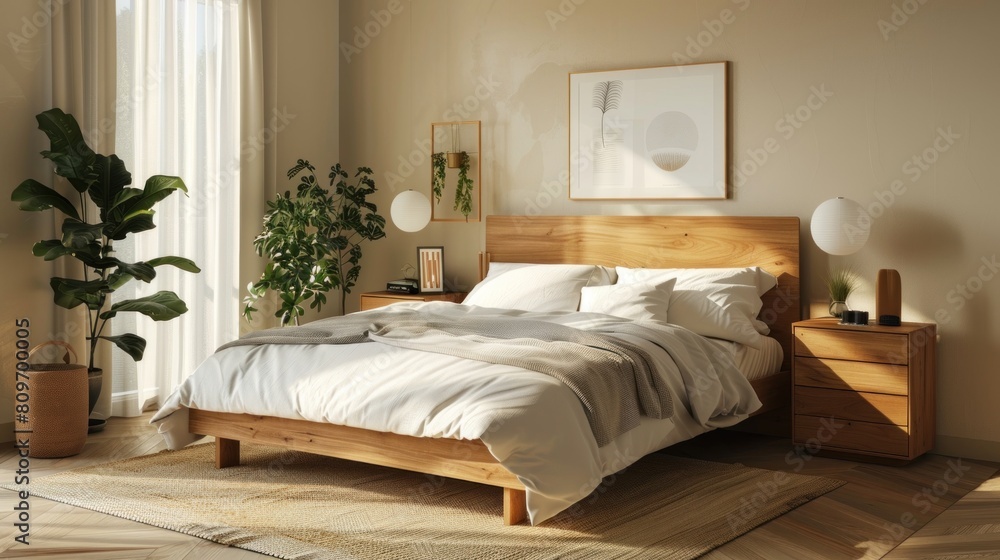 Embracing Scandinavian style, the modern bedroom features a wooden bed adorned with white bedding, complemented by sleek bedside cabinets. Embracing Scandinavian style, the modern bedroom features a wooden bed adorned with white bedding, complemented by sleek bedside cabinets.