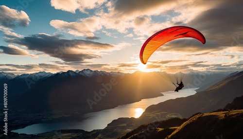 A person paragliding over a mountain during sunset, capturing the exhilarating moment of flight against the backdrop of the setting sun