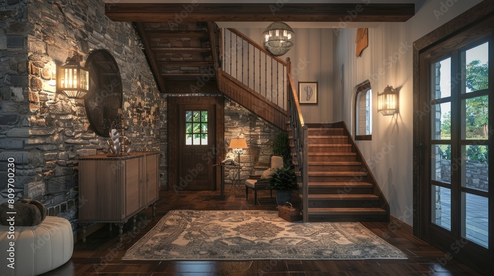 In the modern entrance hall, a cozy home interior design is embodied by a wooden staircase, stone cladding wall, and a welcoming door in a rustic hallway.