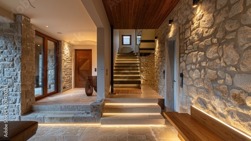 In the modern entrance hall, a cozy home interior design is embodied by a wooden staircase, stone cladding wall, and a welcoming door in a rustic hallway.