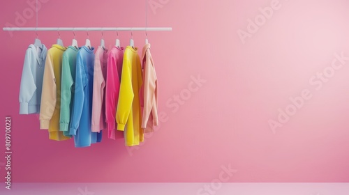 Array of colorful clothing against a minimalist pastel pink wall, showcasing a spectrum of hues in a clean, modern setting