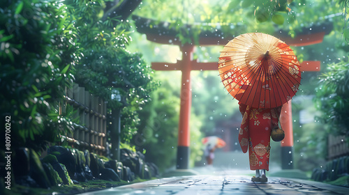 A woman wearing a red kimono holds an umbrella behind a torii gate. Generative AI illustration  photo