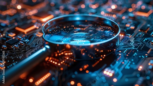 A close-up image of a circuit board with a magnifying glass. The magnifying glass is focused on a specific area of the circuit board.