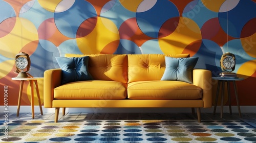 In the modern living room, mid-century interior design is brought to life with a yellow loveseat sofa and side tables set against a vibrant, colorful circle-patterned wall. photo