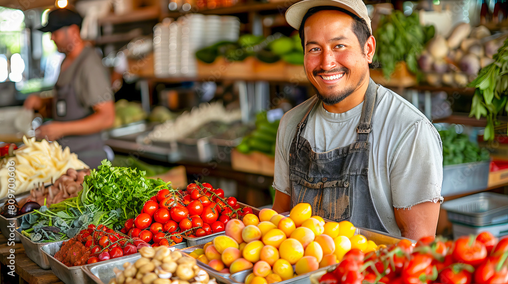Cheerful vendor at a multicultural market stall Cheerful vendor at a multicultural market stall