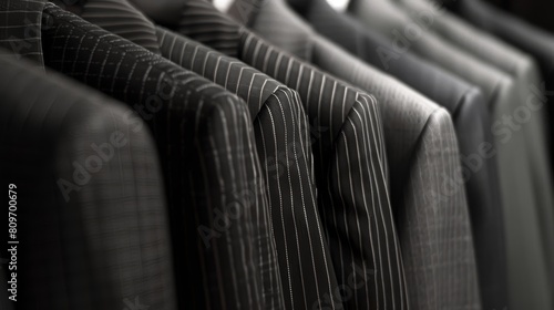 Close-up of sharp suits neatly arranged on a crisp white setup, emphasizing their sleek lines and professional tailoring photo