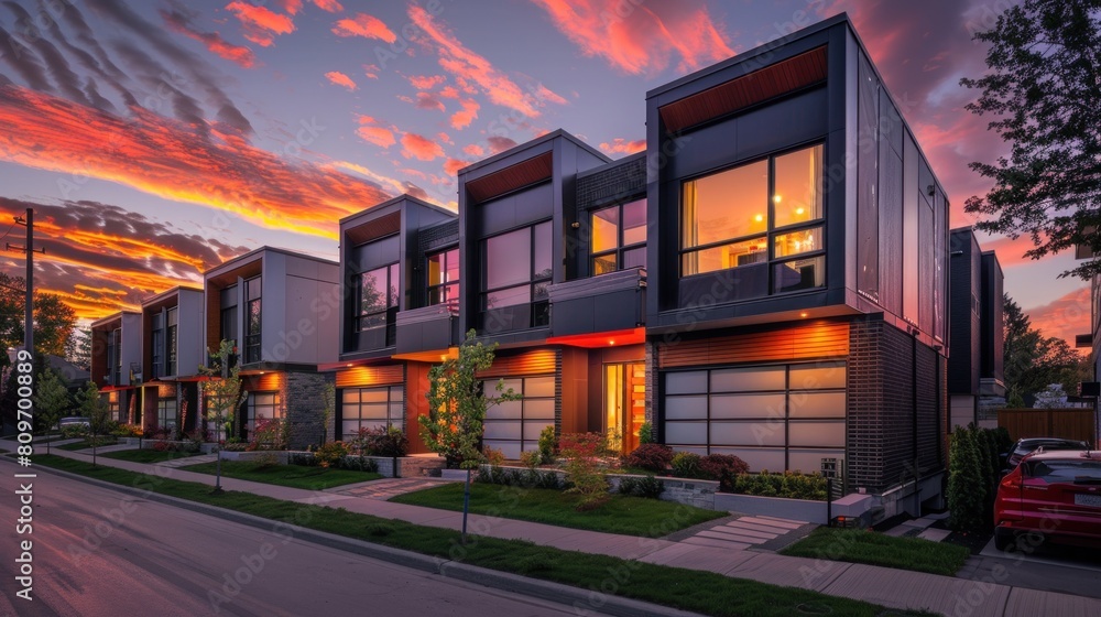Modern modular private townhouses, showcasing contemporary residential architecture on their exteriors.