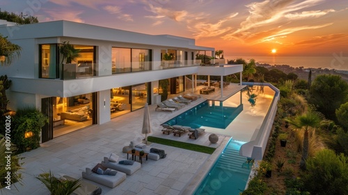 Marvel at the exterior of an amazing modern minimalist cubic villa featuring a large swimming pool. This white seaside luxury house offers stunning views of the sea.