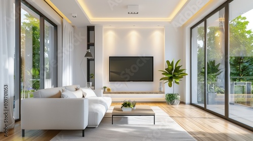 White sofa and tv unit in spacious room. Luxury home interior design of modern living room, panorama. © Sompoch
