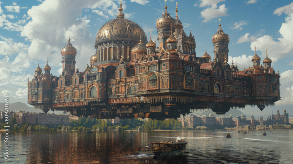 Laputa flying castle in the form of the Moscow Kremlin, modern art, outstanding style, majestic landscape