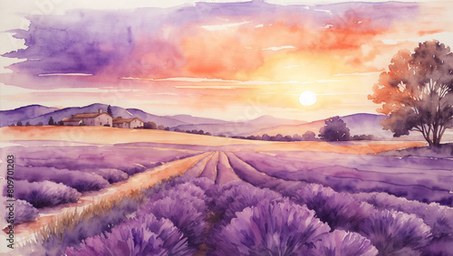 a watercolor painting of a lavender field at sunset.