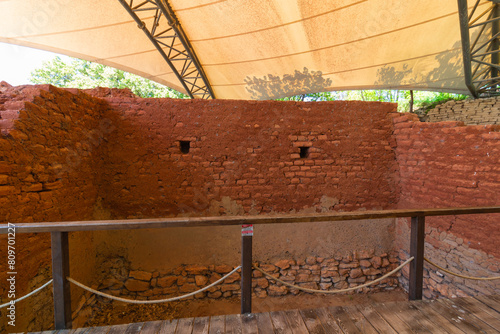 Troy archaeological site view with modern reconstructed mudbricks photo