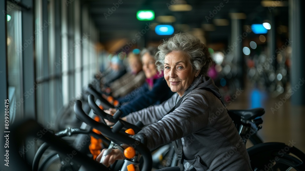 Obraz premium Confident senior exercise bikes gym, woman exercising stationary bike gym, surrounded women, determined focused strong capable black